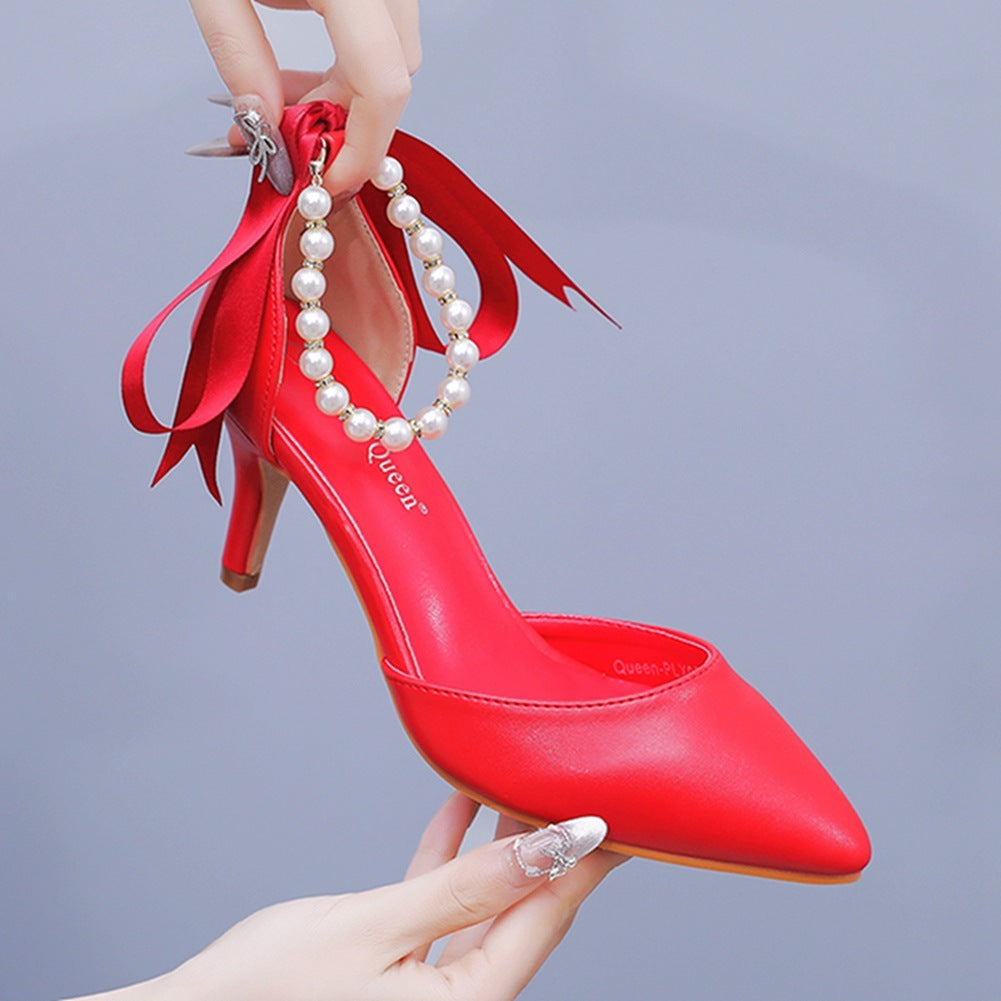 Escarpins à ruban satiné, perles décoratives, talon 7 cm