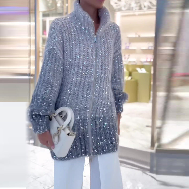 Pull Zippé Élégance Brillante à Sequins